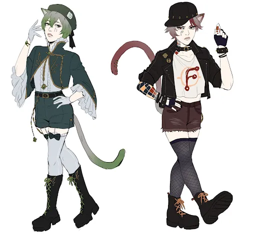 Character art for Gitea and Forgejo gijinka designs, both by Jack @brokemycrown.
They are catboys whose ears stick out slightly from under their hats.
The Gitea design is turned to the left and looking towards Forgejo. He has
grayish hair that fades into a green color ombre and has the Gitea logo beneath
his left eye. He has the look of a longing Victorian child and wears clothes
inspired by the time period, with a jacket that clasps at the neck with lots of
ruffles and short shorts that help keep up a combo of stockings and combat
boots.
The Forgejo design is turned towards the right and he has a pouty-angry
expression. Beneath his right eye is the Forgejo icon. He has a very punk look,
with a sleeve of color block tattoos going up to his neck on his right arm, a
studded leather jacket, ripped shorts and fishnet stockings. His shirt has a
graffiti style'd forgejo icon over an empty git commit icon. He wears a black
baseball cap. His hair and tail color is a grayish-brown that turns into a
reddish ombre. His tail also has three piercings.