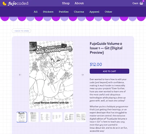 The shop page for FujoGuide Volume 0 Issue 1 on Git which costs $12.
The cover shows Boba-tan sitting and posing, holding tiny figures of Terminal, Git, Aria, and HTML.
It is subtitled "Local version control with Git".