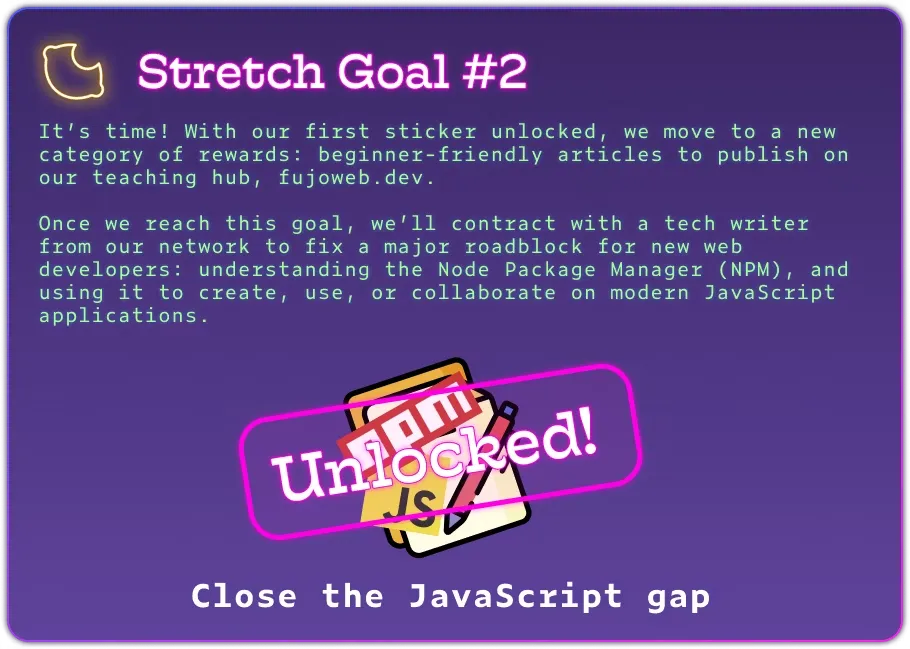 Stretch Goal #2 It’s time! With our first sticker unlocked, we move to a new category of rewards: beginner-friendly articles to publish on our teaching hub, fujoweb.dev. Once we reach this goal, we’ll contract with a tech writer from our network to fix a major roadblock for new web developers: understanding the Node Package Manager (NPM), and using it to create, use, or collaborate on modern JavaScript applications. The image has celebratory confetti and a big "unlocked" stamp.